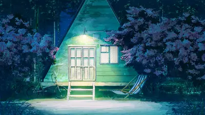 A house with a chair and a bicycle