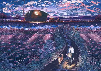 A man and dog riding bikes in a field with a house in the background