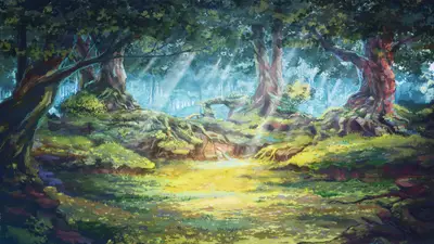 A painting of a forest with trees and sun rays