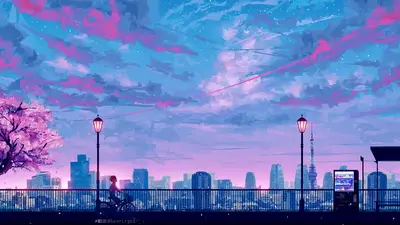 A person on a bicycle on a railing with a city in the background