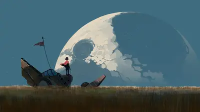 A person standing on a broken object in a field with a large white moon