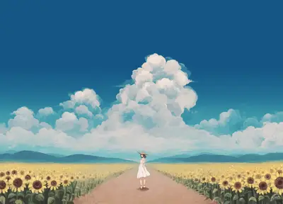 A woman standing on a road with sunflowers