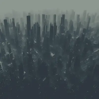 A city with tall buildings in the fog
