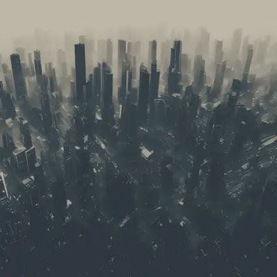 A city with tall buildings in the fog