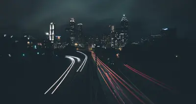 A city skyline at night