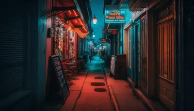 A narrow street with shops and signs