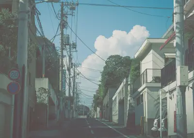 A street with buildings and power lines