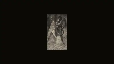 A black and white picture of a man holding a devil