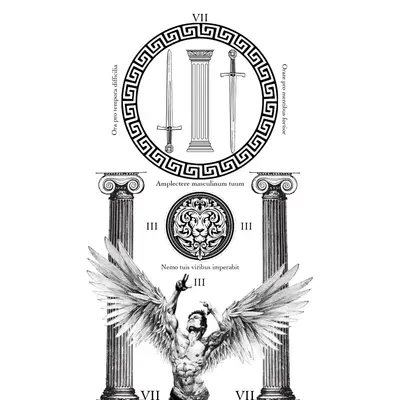 A drawing of a man with wings and a circular pattern
