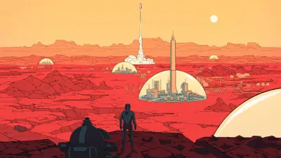 A cartoon of a space ship and a man standing on a rocky surface