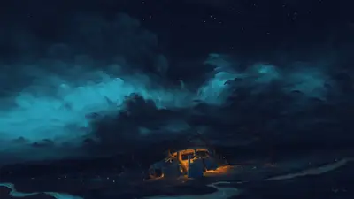 A car in a field with trees and a fire