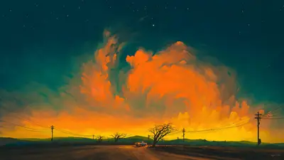 A car on a road with orange clouds in the sky