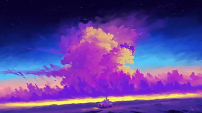 A car on a road with purple clouds in the sky