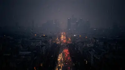 A city in the rain