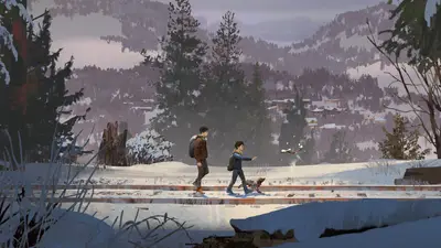 A group of people walking on a snowy road with a dog