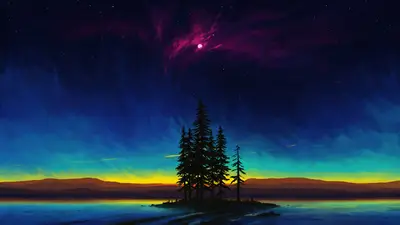 A group of trees on a small island in front of a colorful sky