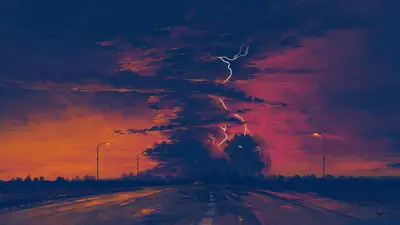 A road with lightning bolts in the sky