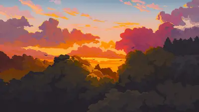 A sunset with clouds and trees