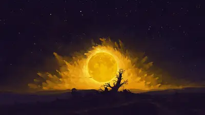 A yellow moon in the sky