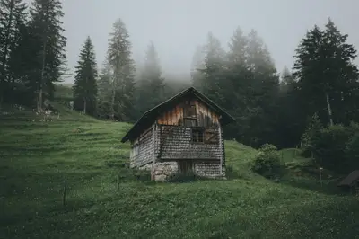 A wooden building on a hill with trees in the background
