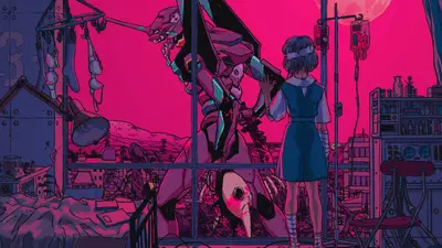 A cartoon of a robot and a girl looking at a pink background