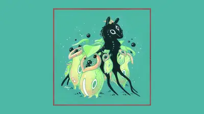 A black and green creature with yellow and green objects