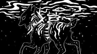 A black and white drawing of a horse