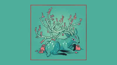 A cartoon of a deer with coral branches