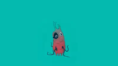 A cartoon of a red alien with black eyes and long legs