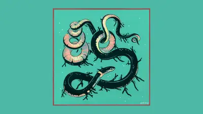 A drawing of snakes on a blue background