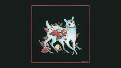 A white dog with fruits on it