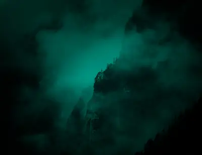 A foggy mountain with trees