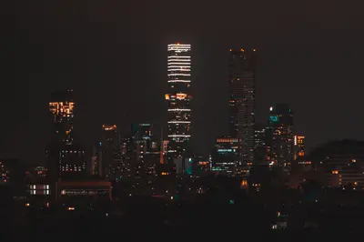 A city skyline at night