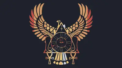 A graphic of a clock with an egyptian symbol