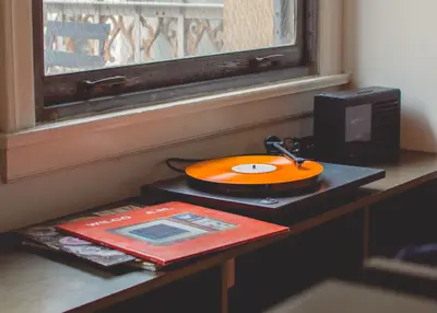 A record player on a table