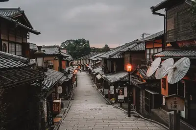A street with buildings and a street lamp