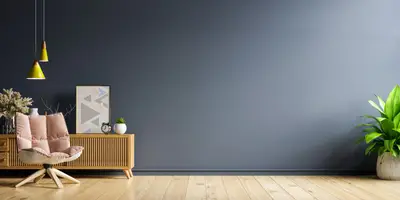 A room with a wooden cabinet and a picture frame