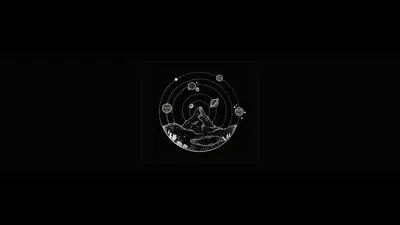 A black background with a white line drawing of a mountain and planets