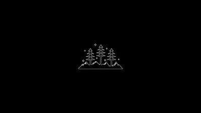 A white line drawing of trees and mountains