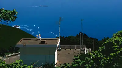 A building with a roof and a body of water
