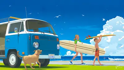 A cartoon of a boy carrying a surfboard and a dog