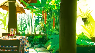 A patio with plants and a table