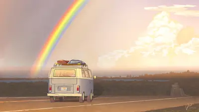 A van on the road with a rainbow in the background