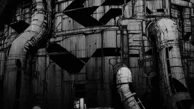 A black and white drawing of a large metal structure