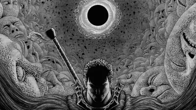 A black and white drawing of a man holding a sword