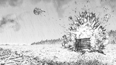 A black and white image of a cart with a fireball