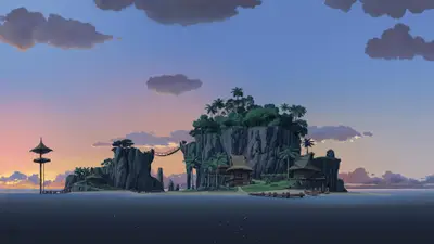 A cartoon of a island with a bridge and trees