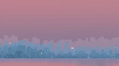 A city skyline with a pink sky