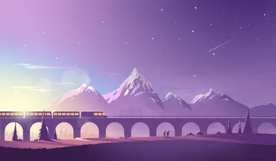 A train crossing a bridge over a bridge with mountains in the background