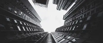 Looking up view of tall buildings